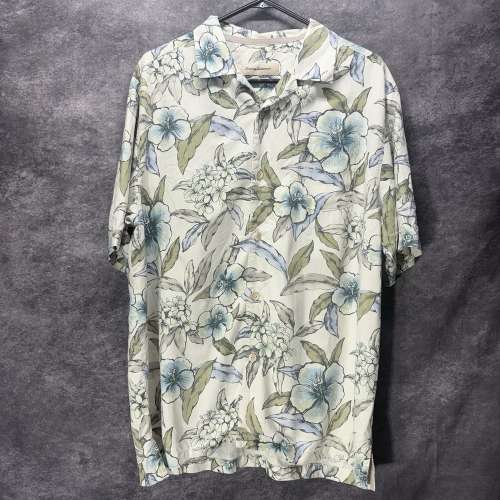 Tommy Bahama Hawaiian Shirt Men's L Silk Hibiscus Floral White Blue Aloha Camp